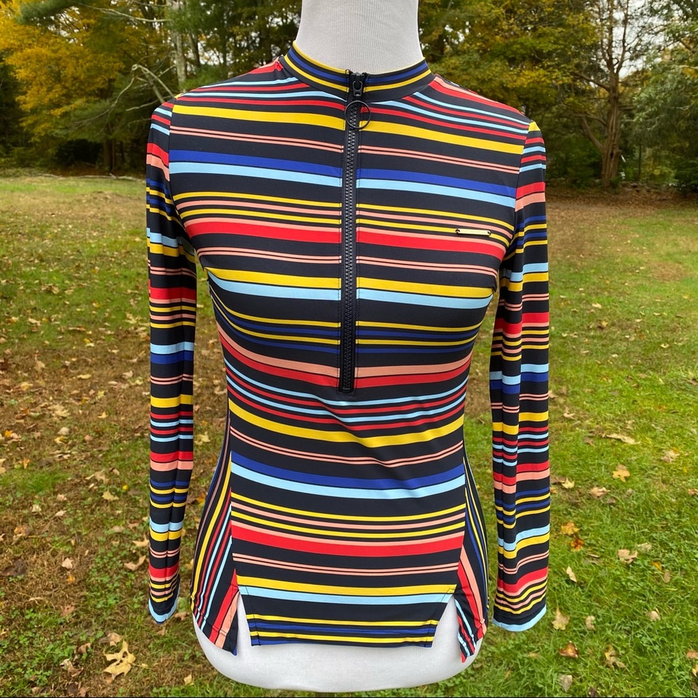 STELLA McCARTNEY TOP 1/2 ZIP BLUE BLACK RED STRIPE STRETCH LONG SLEEVE SIZE S